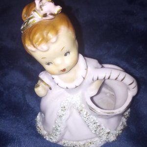 Vintage Ucagco Japan Pink Ceramic Figurine  Rose pink girl with basket.